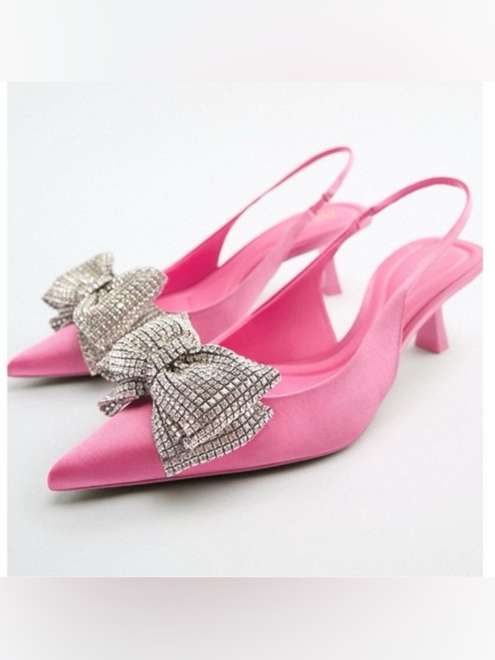 New! Rare Gorgeous Pristine Zara Jeweled bow Zara Pink Satin Slingback heel - Picture 3 of 12